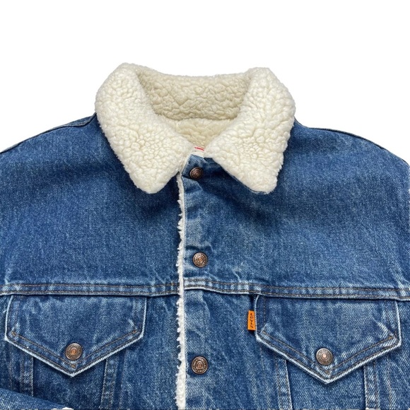 Vintage Levi’s Sherpa Lined Denim Trucker Jacket Orange Tab Size 44 USA Made - Picture 15 of 16